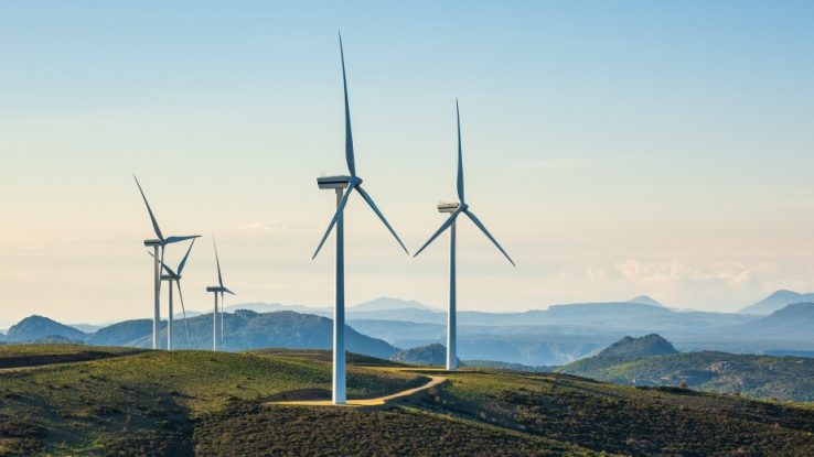 Turbines in a mountain wind farm. Ecological energy production.